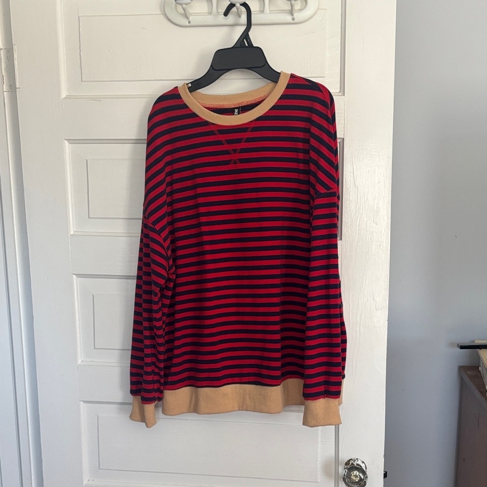 BTFBM Red and Navy Striped Sweatshirt with Tan Collar/Sleeves
